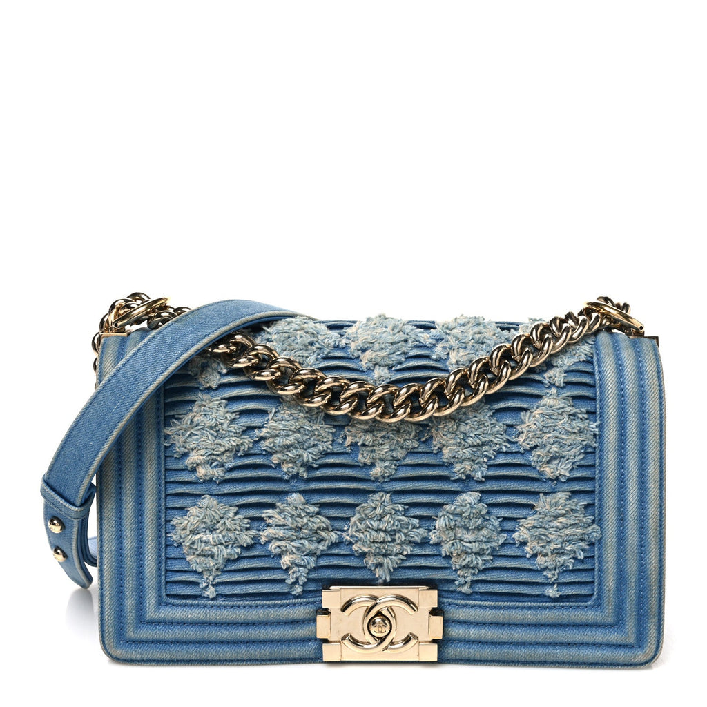 Denim Pleated Medium Boy Flap Light Blue