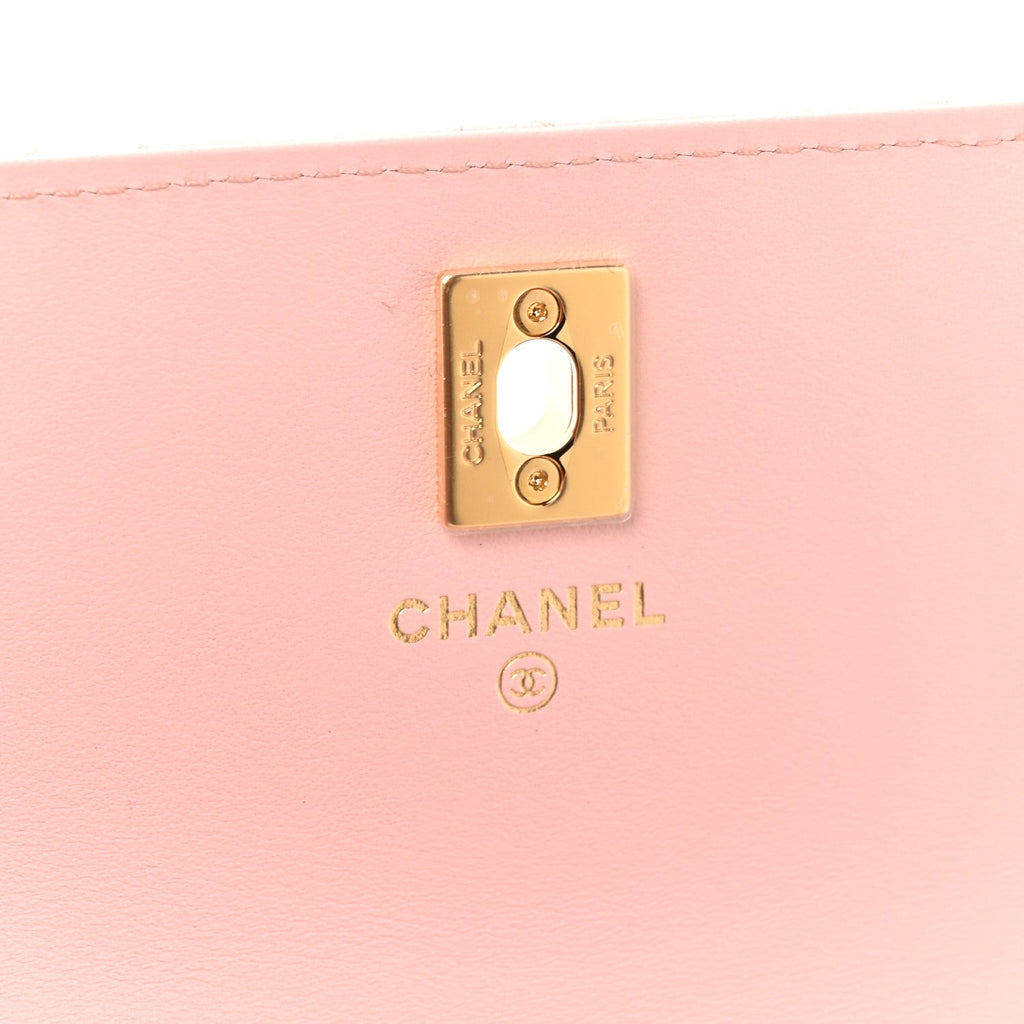 Shiny Caviar Quilted Flap Charm Wallet On Chain WOC Light Pink