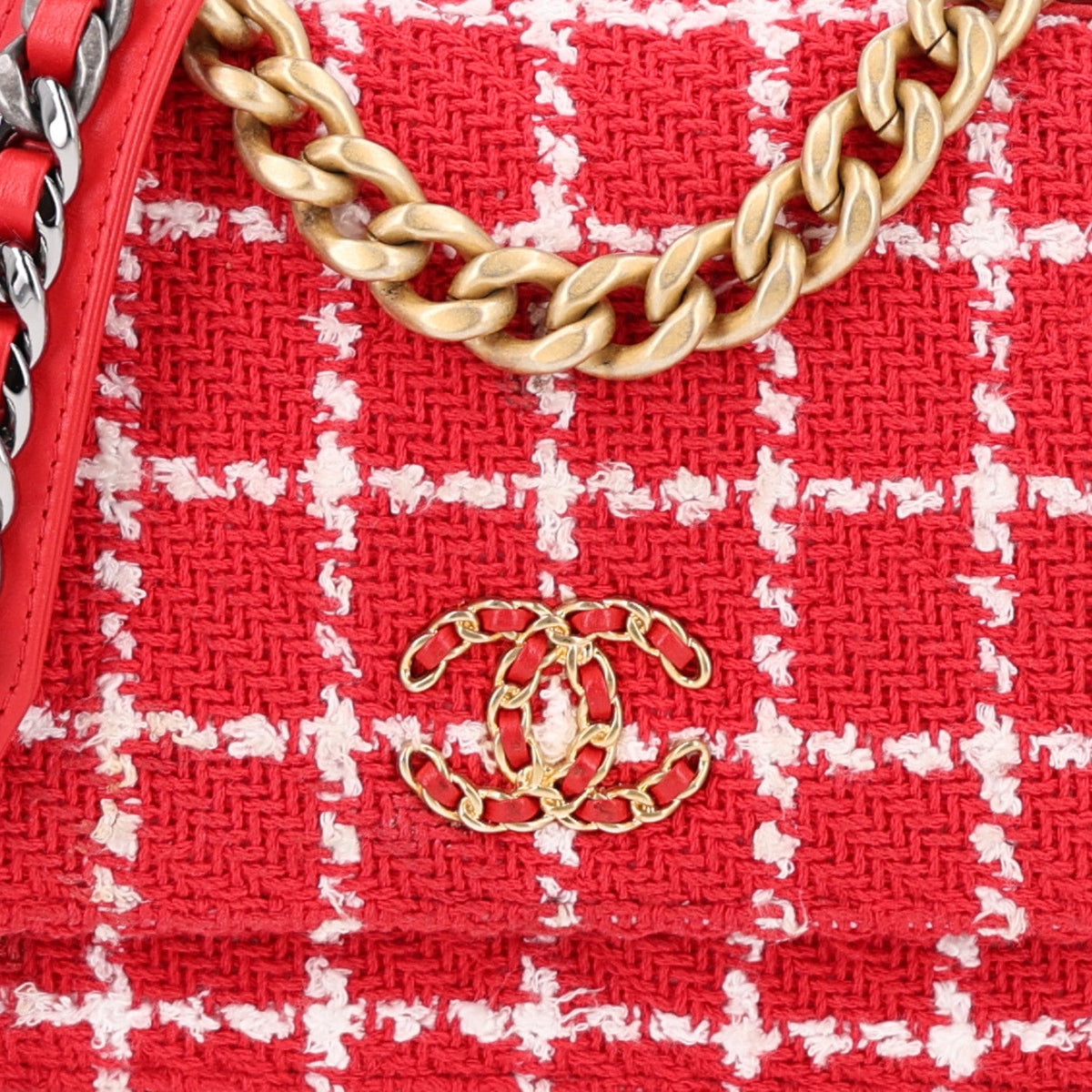 Tweed Quilted Chanel 19 Wallet On Chain WOC Red White