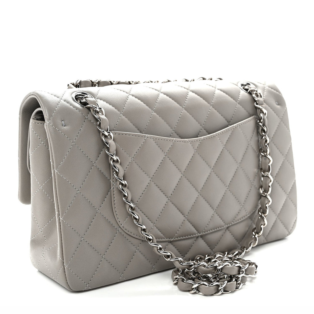 Lambskin Quilted Medium Double Flap Grey