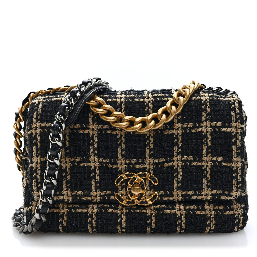 Tweed Quilted Medium Chanel 19 Flap Black Beige