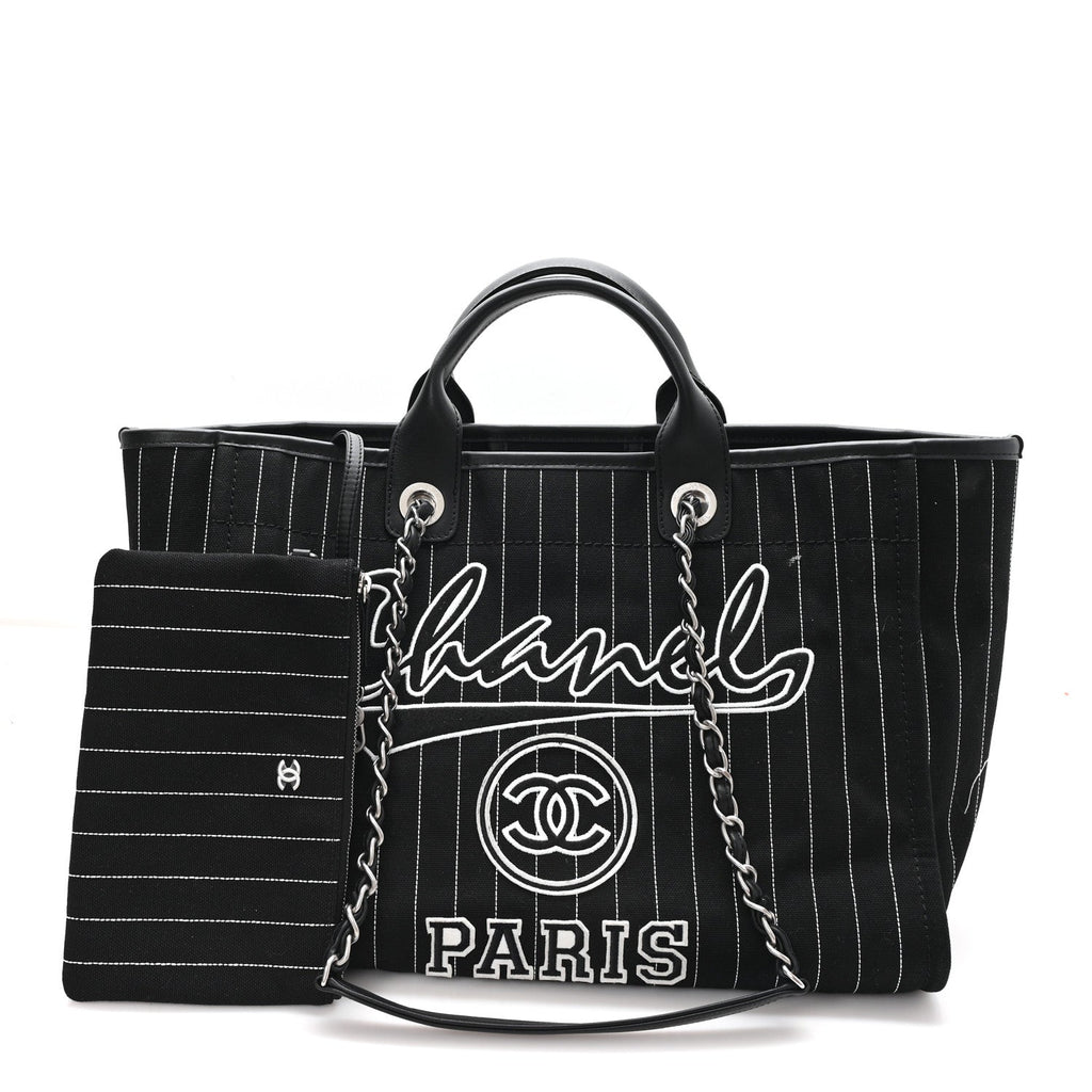 Canvas Calfskin Striped Medium Deauville Tote Black White
