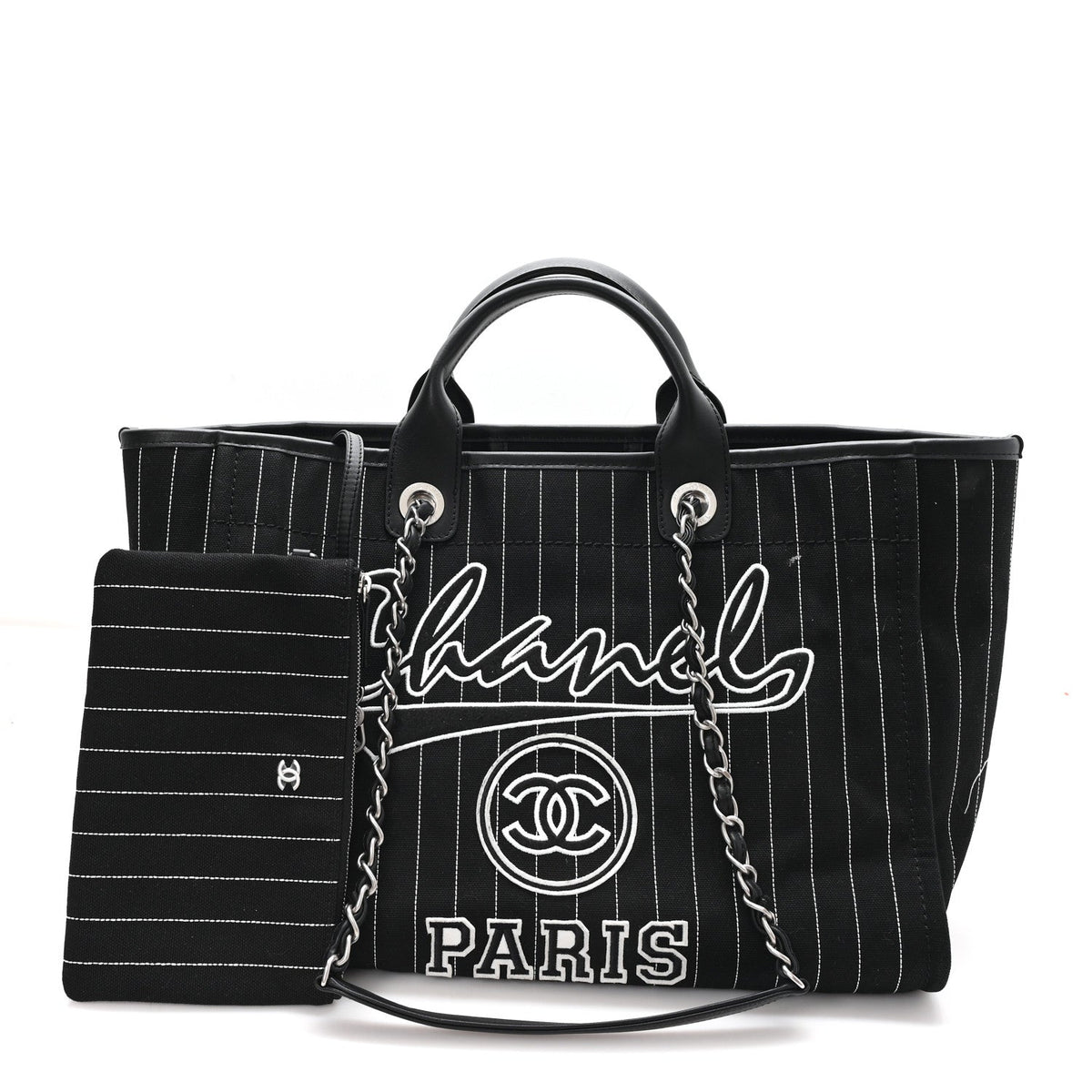 Canvas Calfskin Striped Medium Deauville Tote Black White