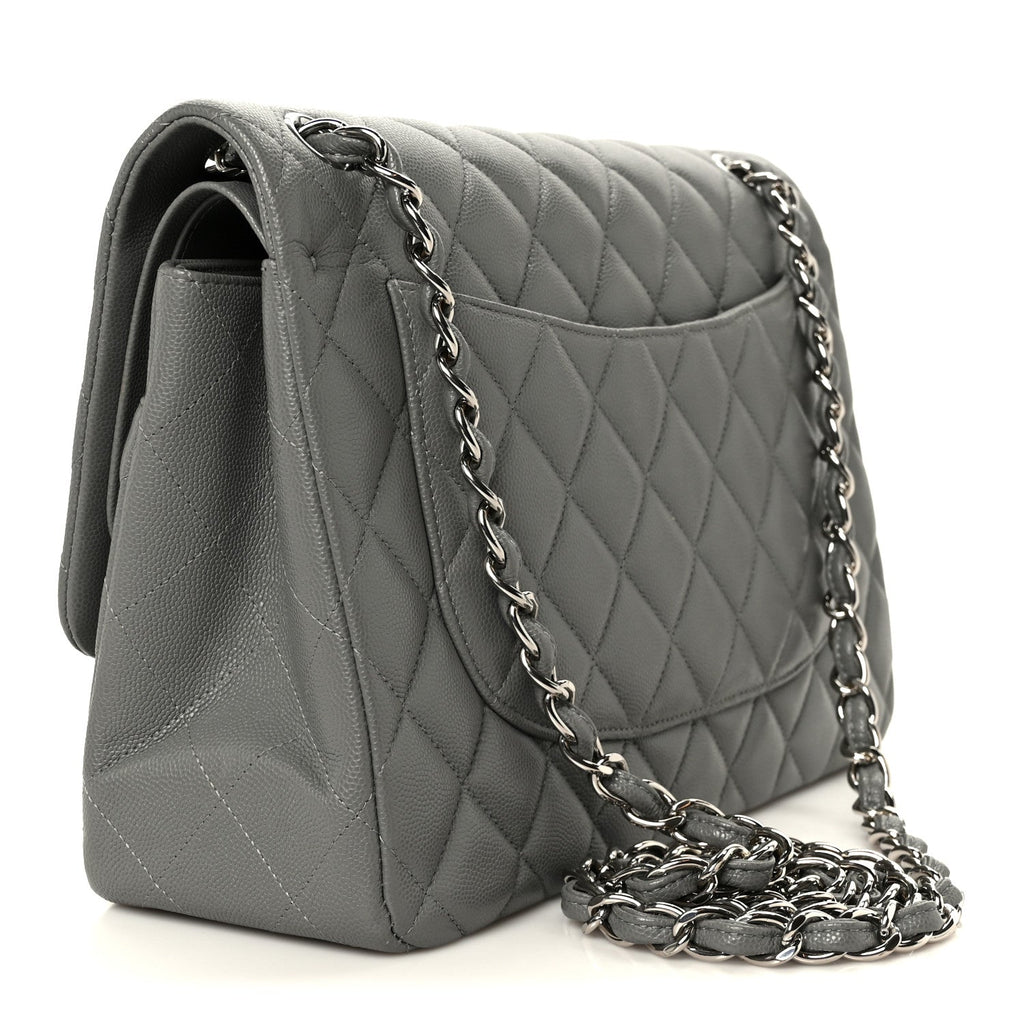 Caviar Quilted Jumbo Double Flap Grey