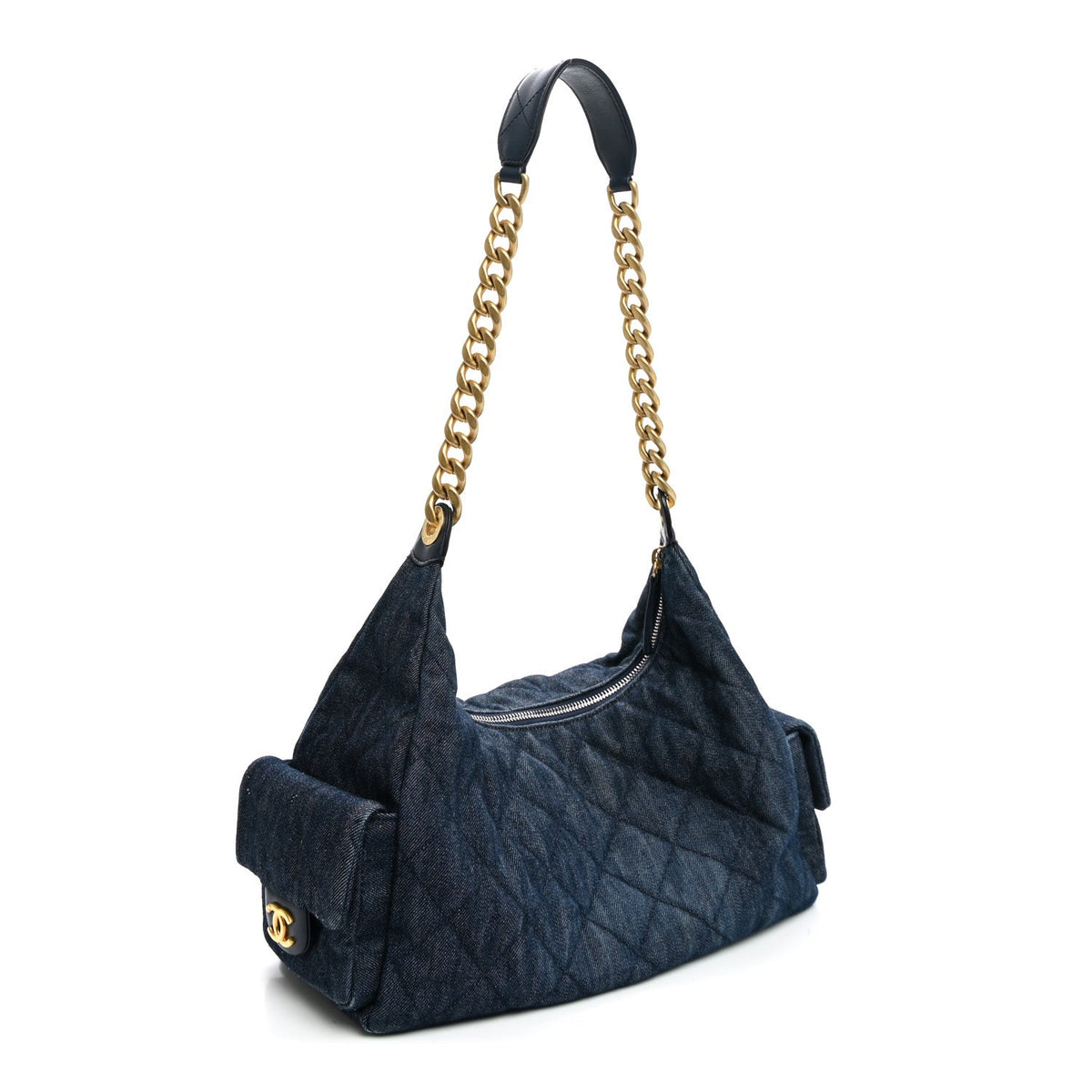 Washed Denim Quilted Maxi Trendy Pockets Hobo Dark Blue
