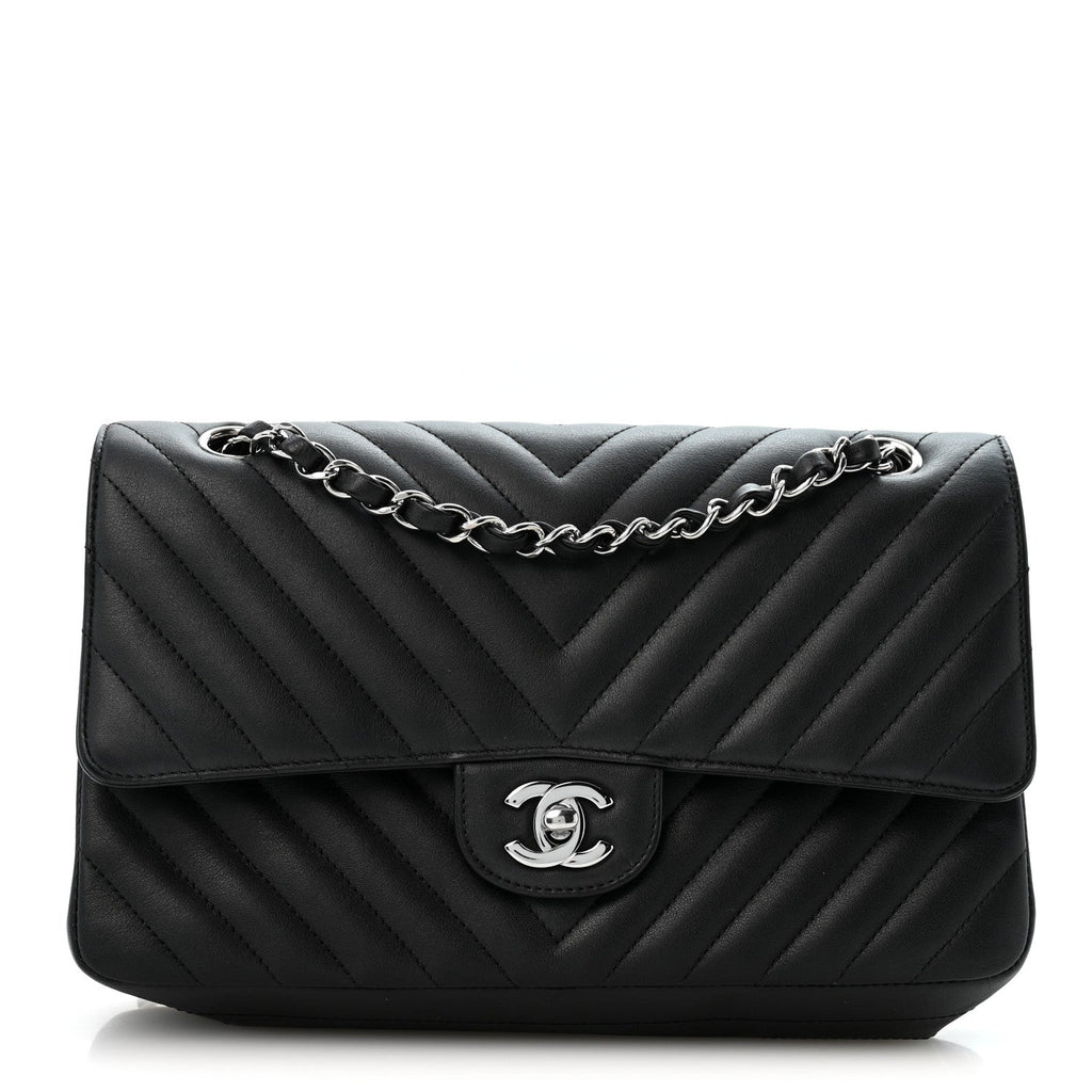 Lambskin Chevron Quilted Medium Double Flap Black