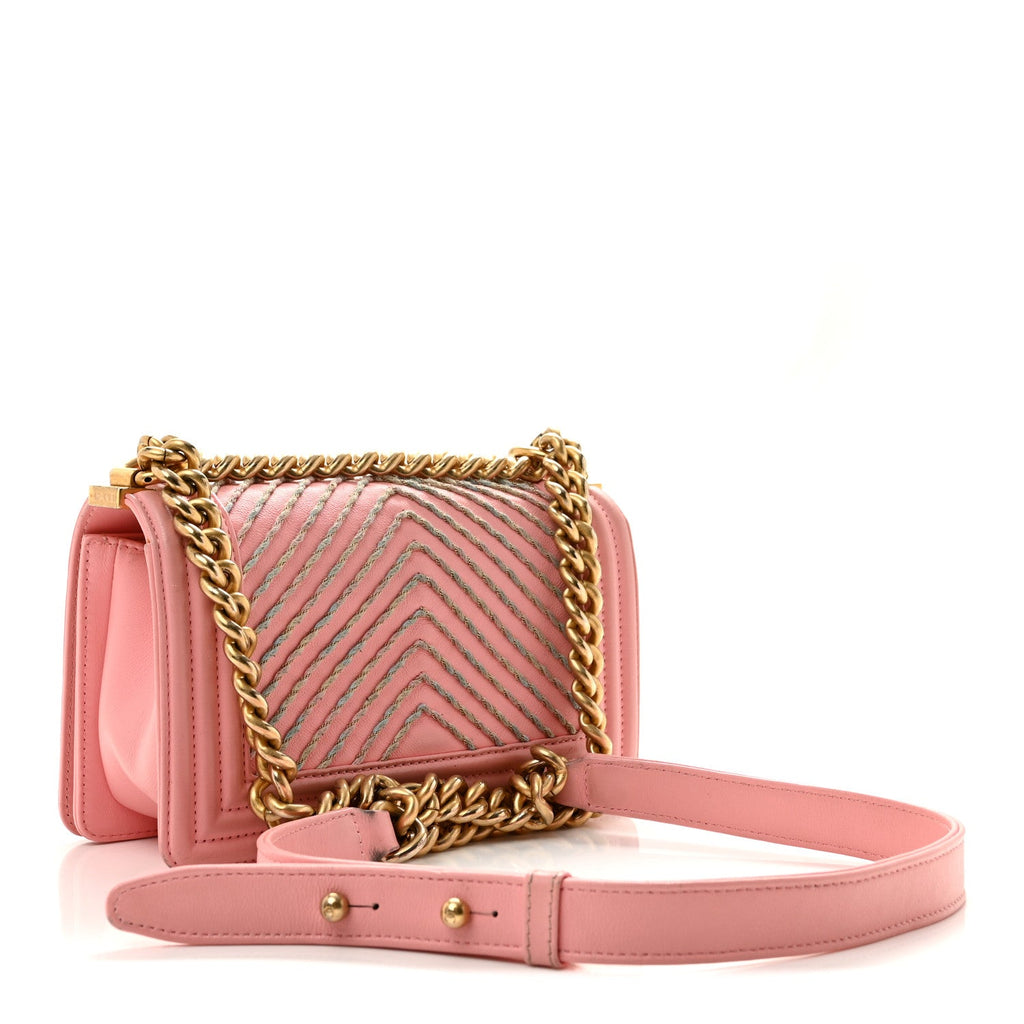 Calfskin Chevron Embroidered Small Boy By The Sea Flap Pink