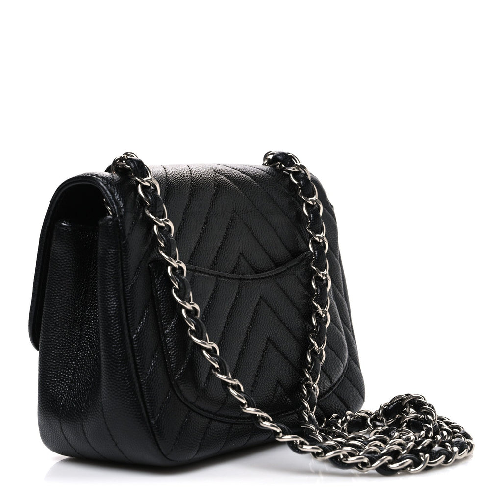 Caviar Chevron Quilted Mini Square Flap Black