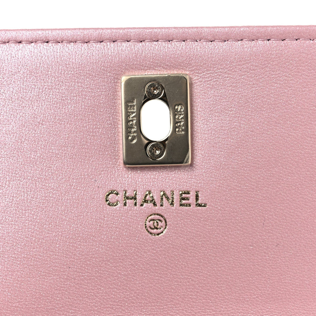 Pearly Lambskin Quilted Charms Wallet On Chain WOC Light Pink
