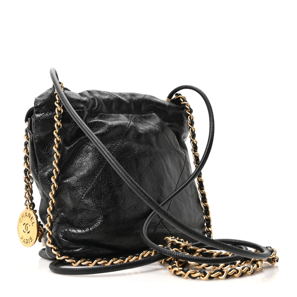 Shiny Crumpled Calfskin Quilted Pearl Mini Chanel 22 Black