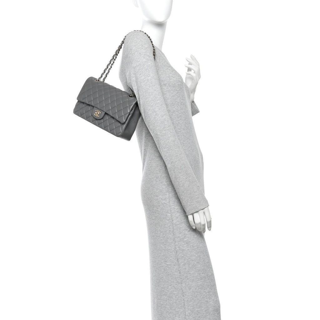 Lambskin Quilted Medium Double Flap Grey