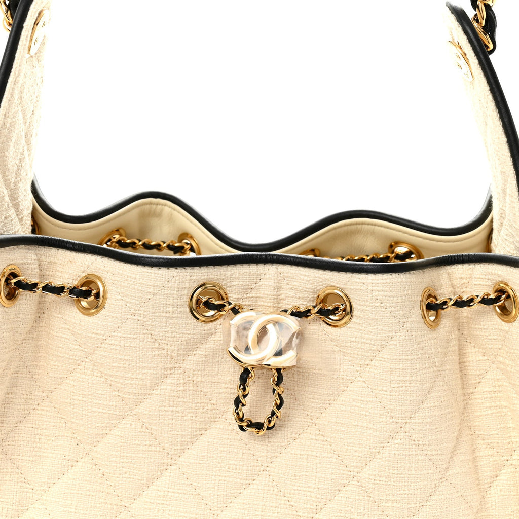 Canvas Calfskin Quilted Small Chanel 25 Handbag Ecru Black