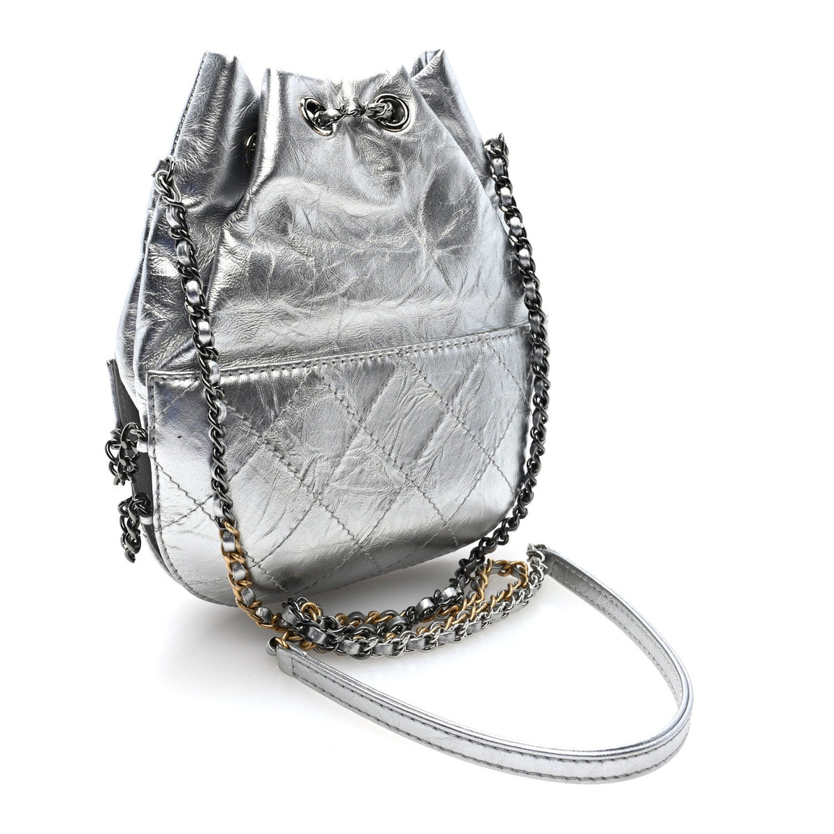 Metallic Aged Calfskin Quilted Small Gabrielle Bucket Silver