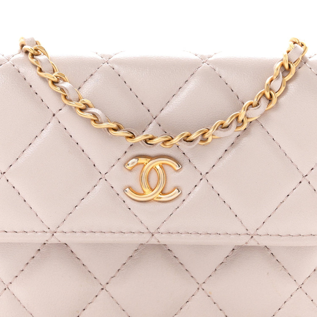 Lambskin Quilted CC Pearl Crush Wallet on Chain WOC Light Purple