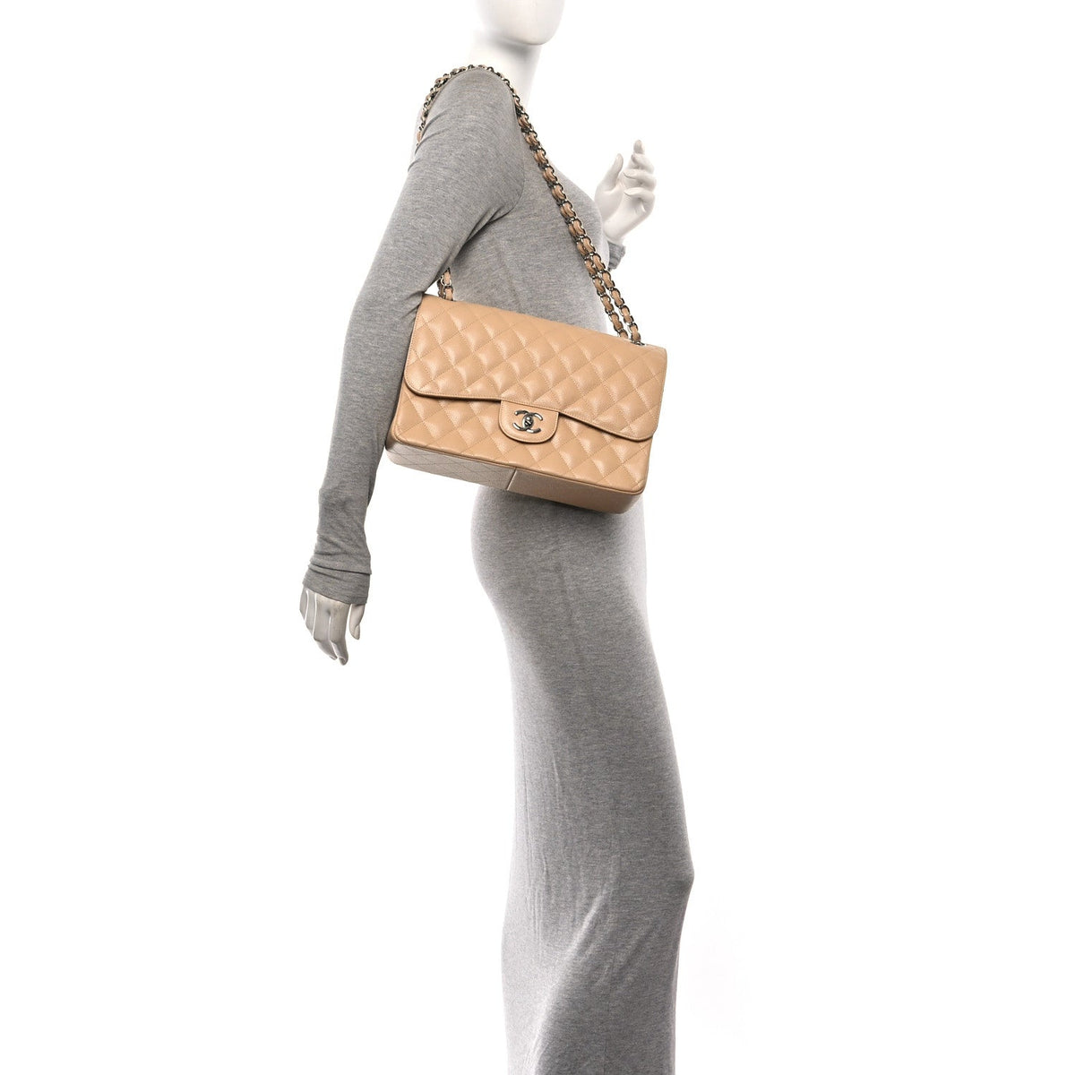Caviar Quilted Jumbo Double Flap Beige