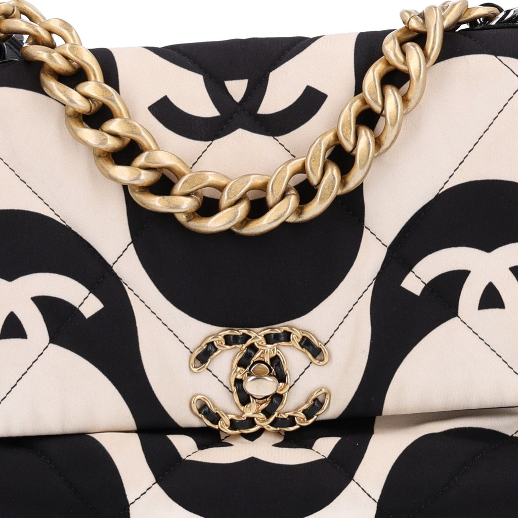Fabric Printed Large Chanel 19 Flap Black Ecru