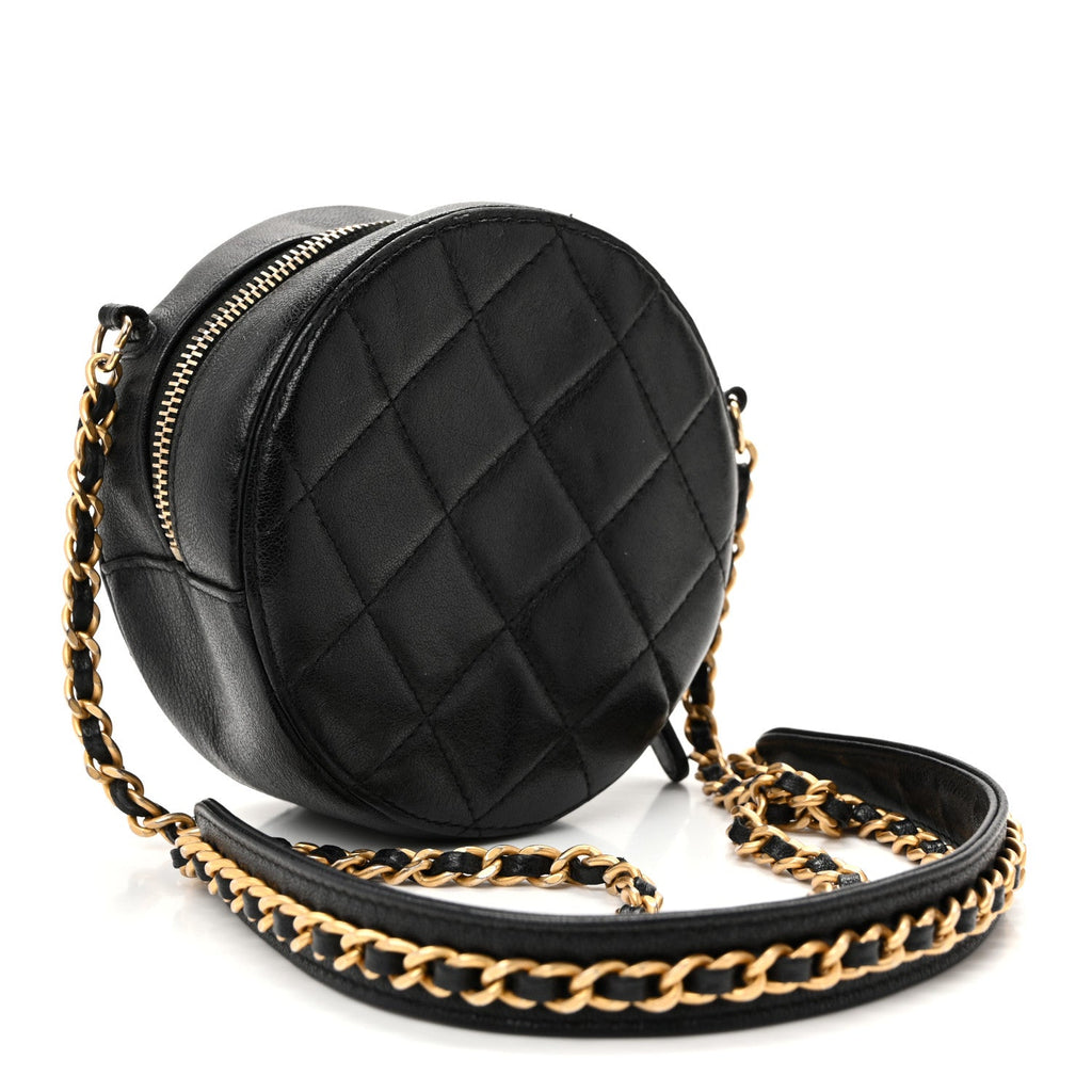 Goatskin Quilted Chanel 19 Round Clutch With Chain Black