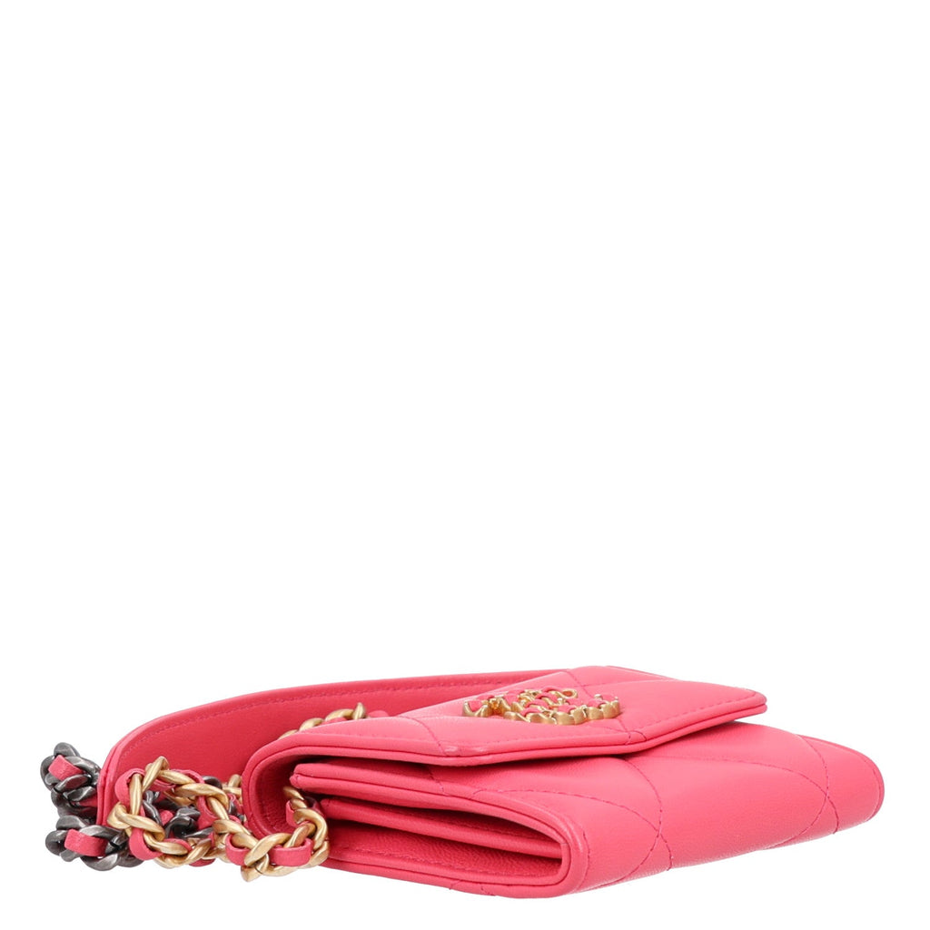 Lambskin Quilted Chanel 19 Flap Coin Purse With Chain Dark Pink
