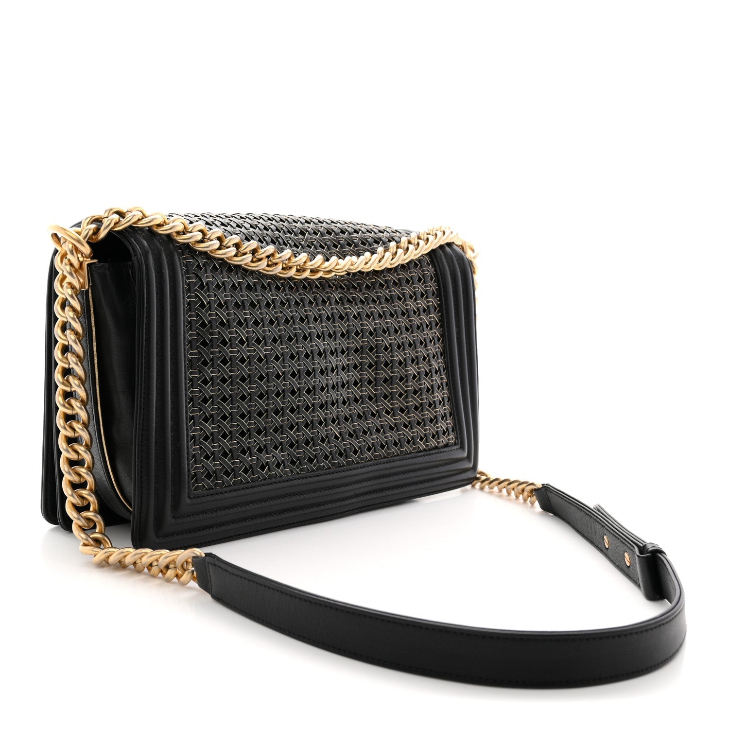 Lambskin Braided Woven Medium Boy Flap Navy Black
