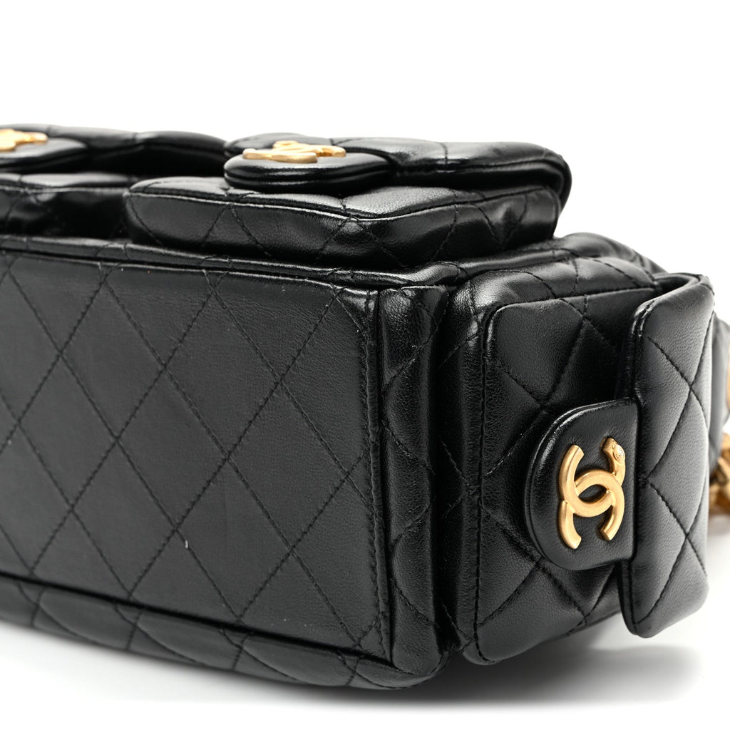 Shiny Lambskin Quilted Trendy Pockets Hobo Black
