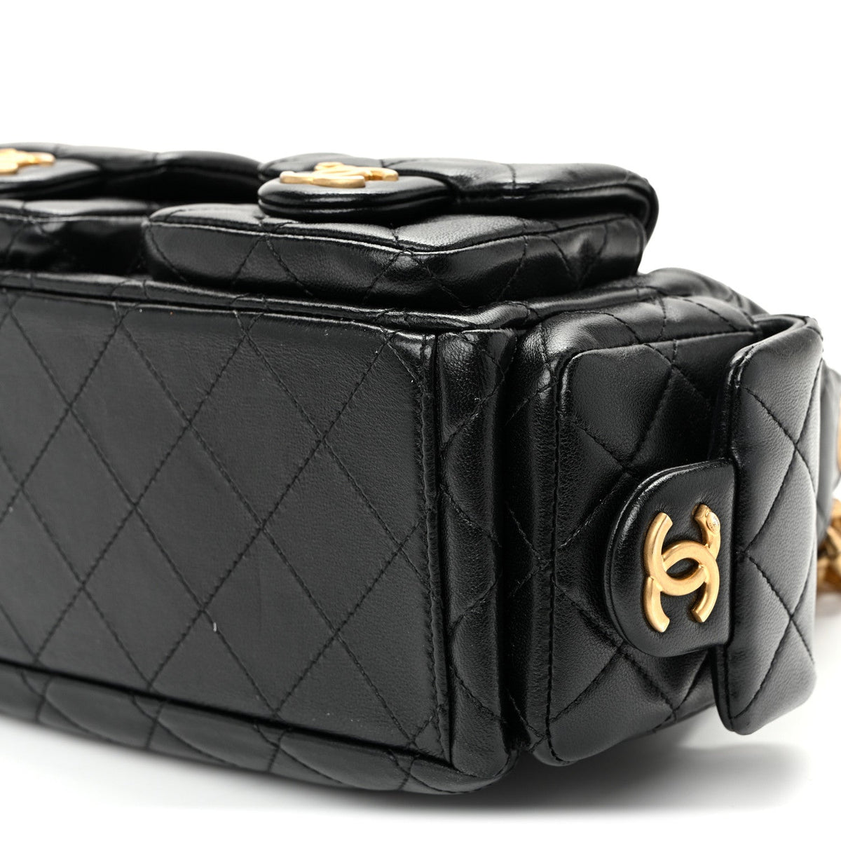 Shiny Lambskin Quilted Trendy Pockets Hobo Black