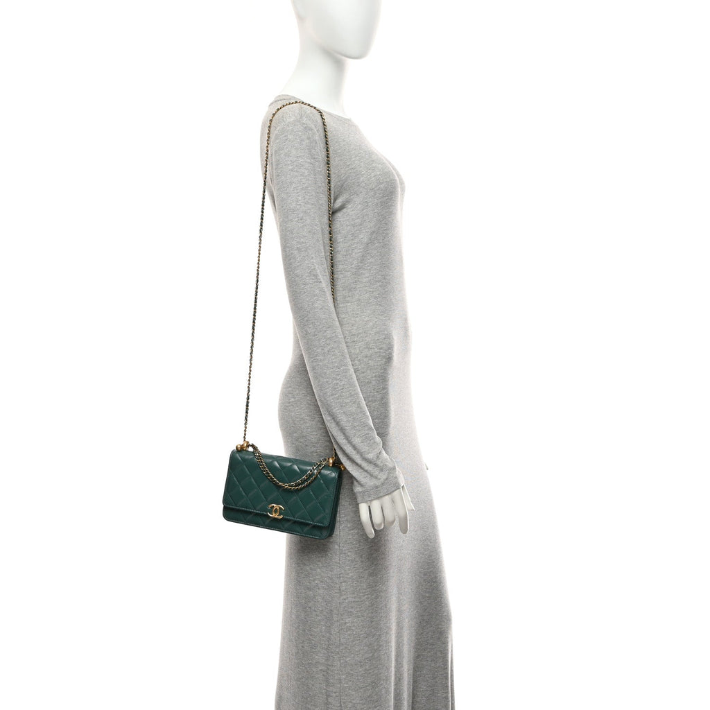 Calfskin Quilted Perfect FIt Wallet On Chain WOC Green