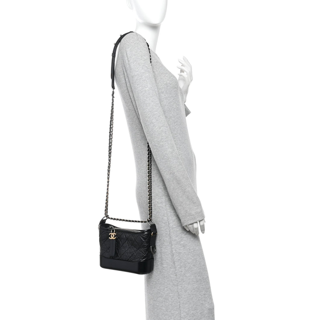 Aged Calfskin Quilted Small Gabrielle Hobo Black