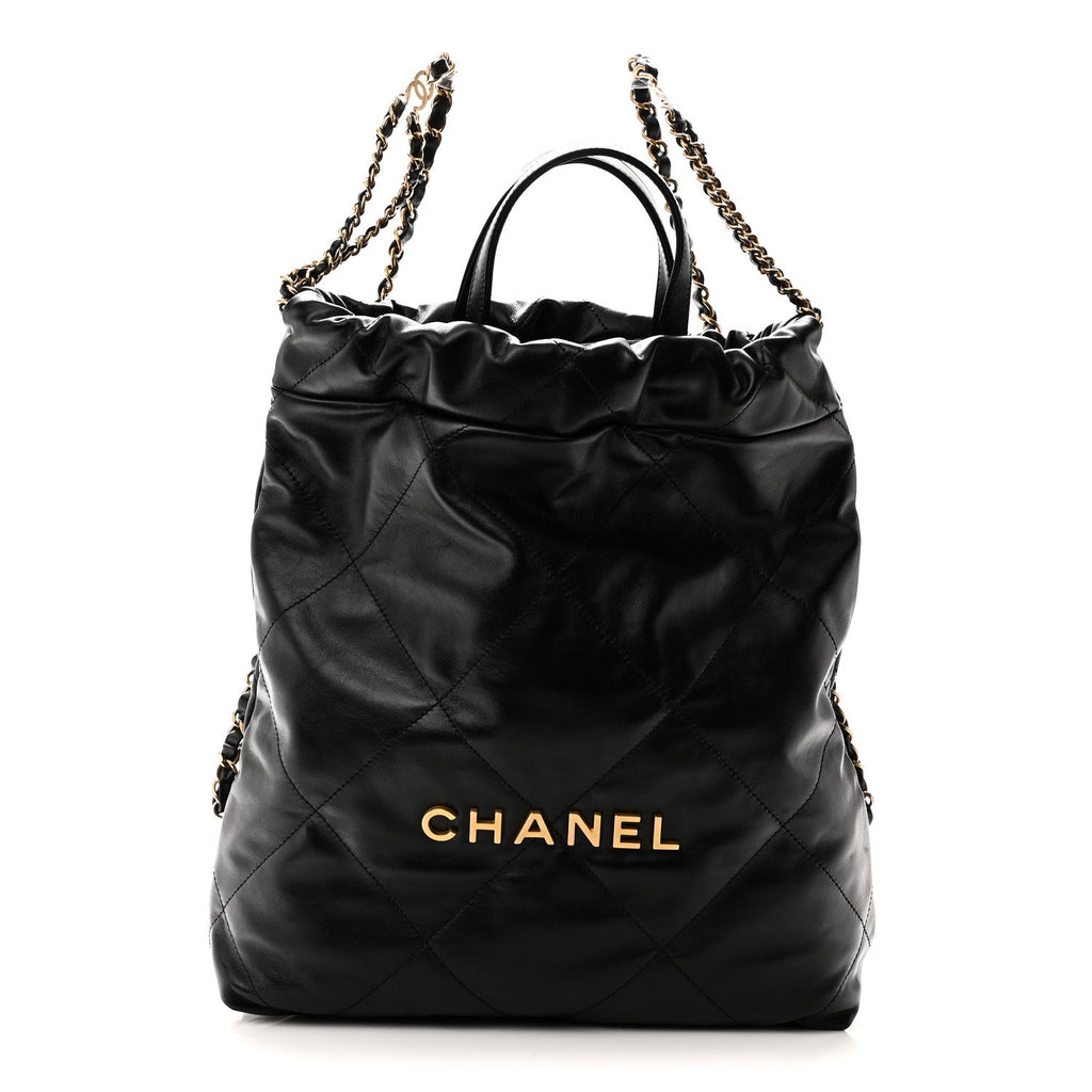 Shiny Calfskin Quilted Chanel 22 Backpack Black