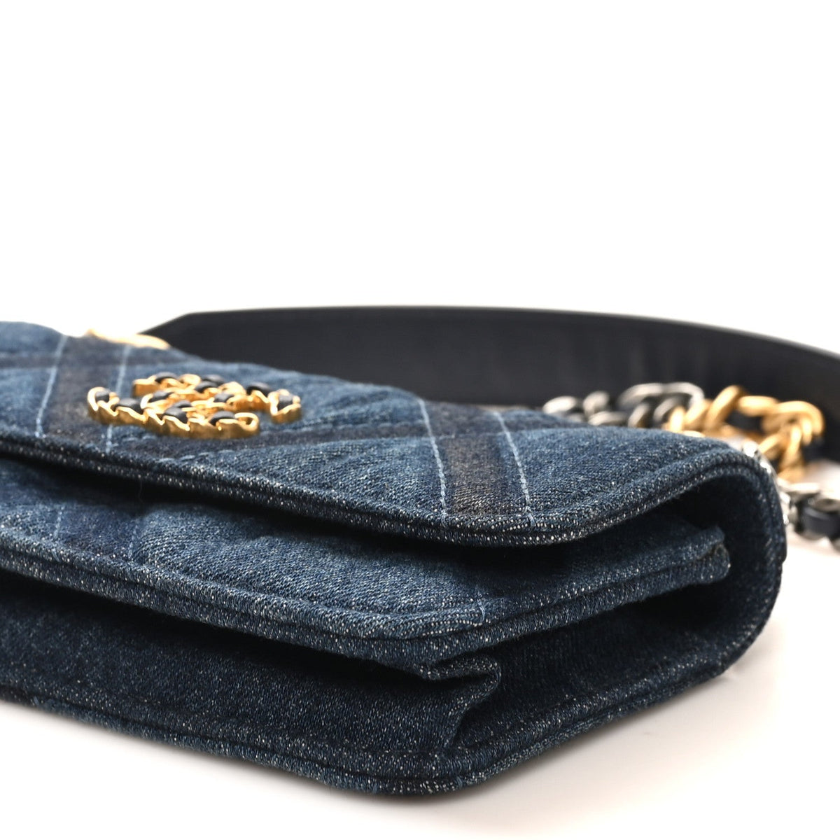 Denim Quilted Chanel 19 Flap Phone Holder With Chain Blue