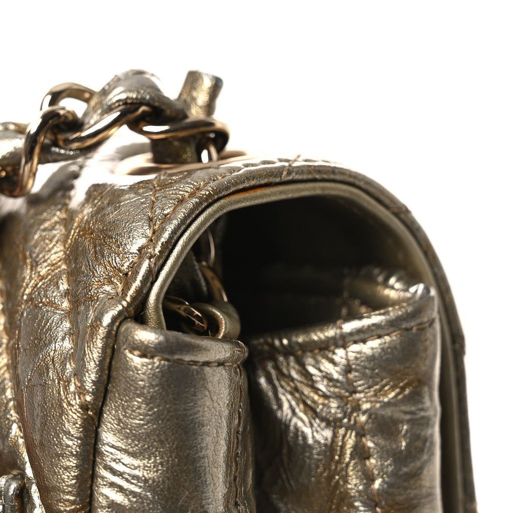 Metallic Crumpled Calfskin Chevron Quilted Mini Square Flap Gold
