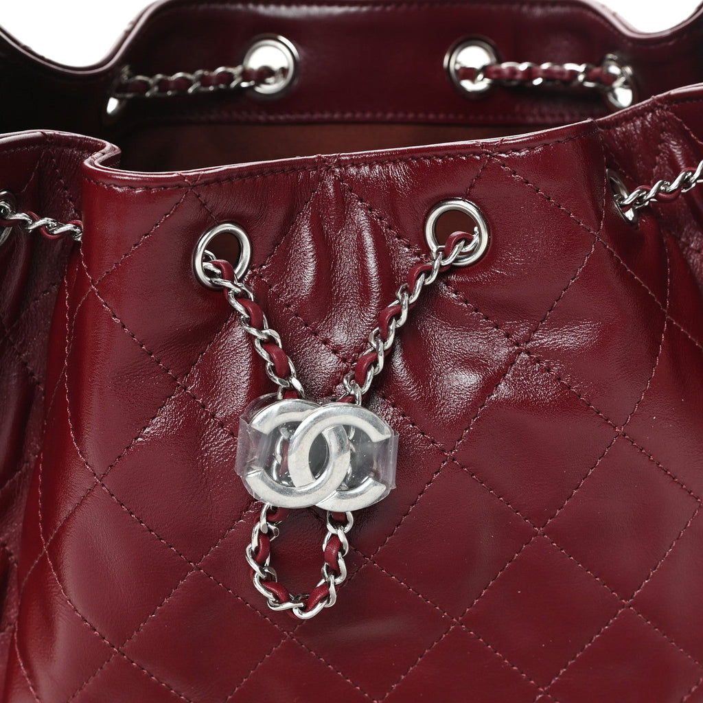 Shiny Crumpled Calfskin Quilted Small Chanel 25 Handbag Burgundy