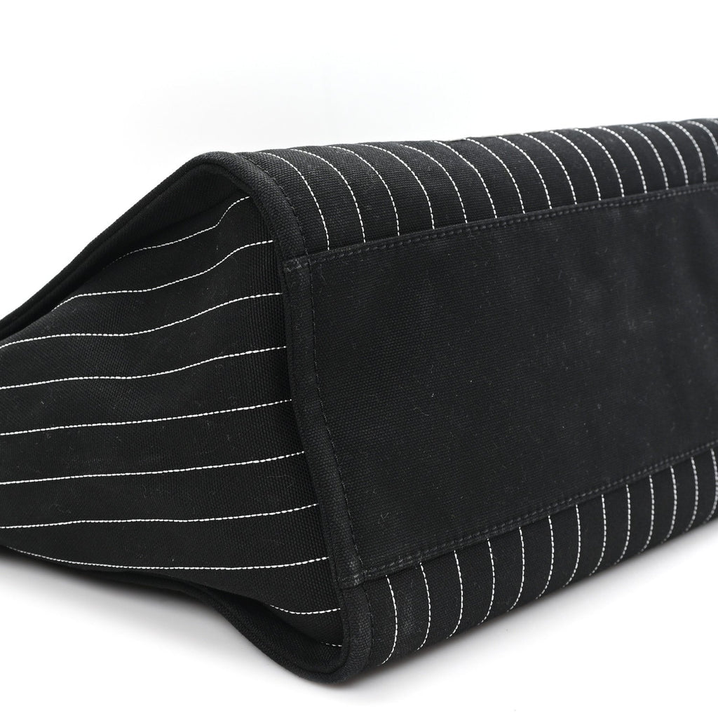 Canvas Calfskin Striped Medium Deauville Tote Black White