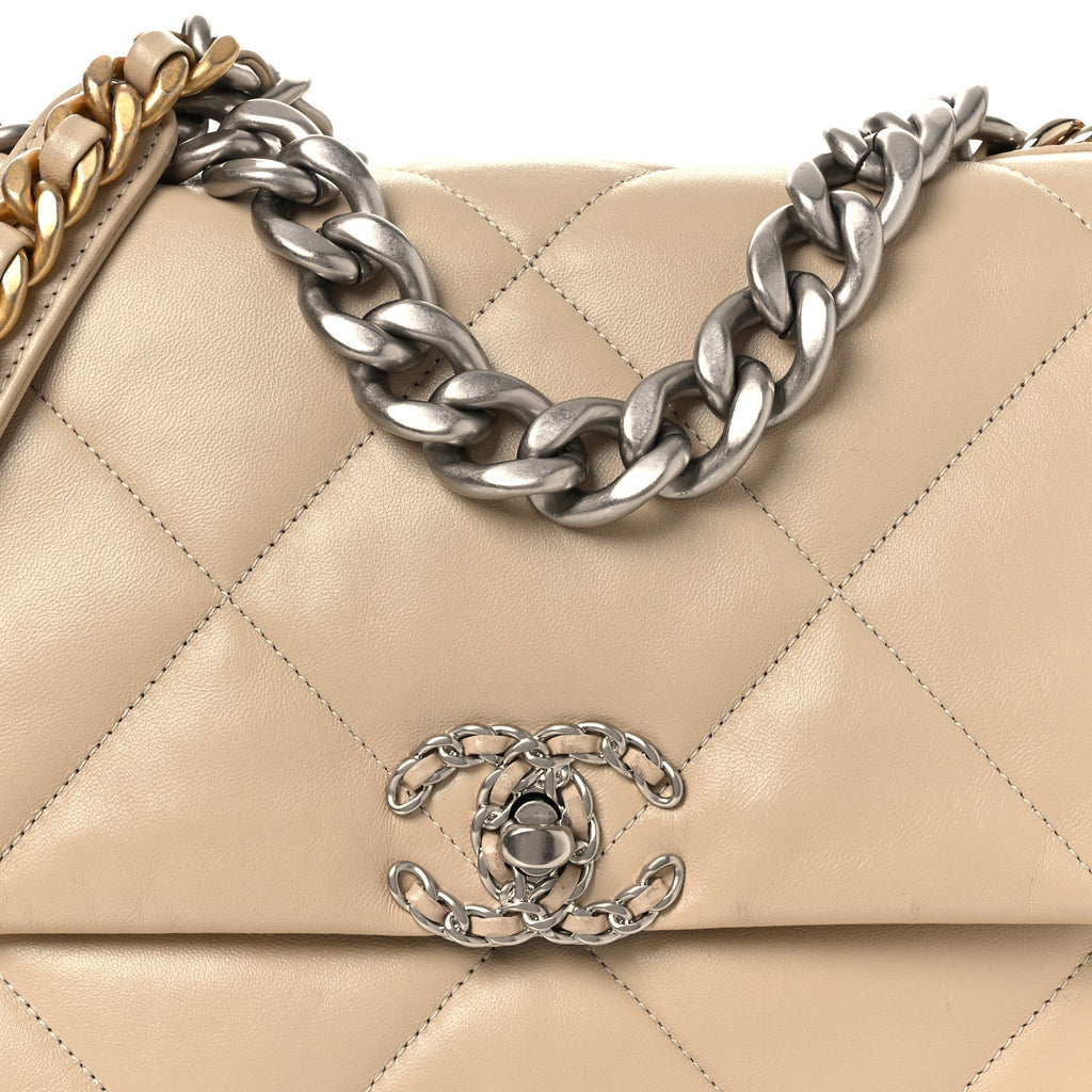 Lambskin Quilted Large Chanel 19 Flap Beige