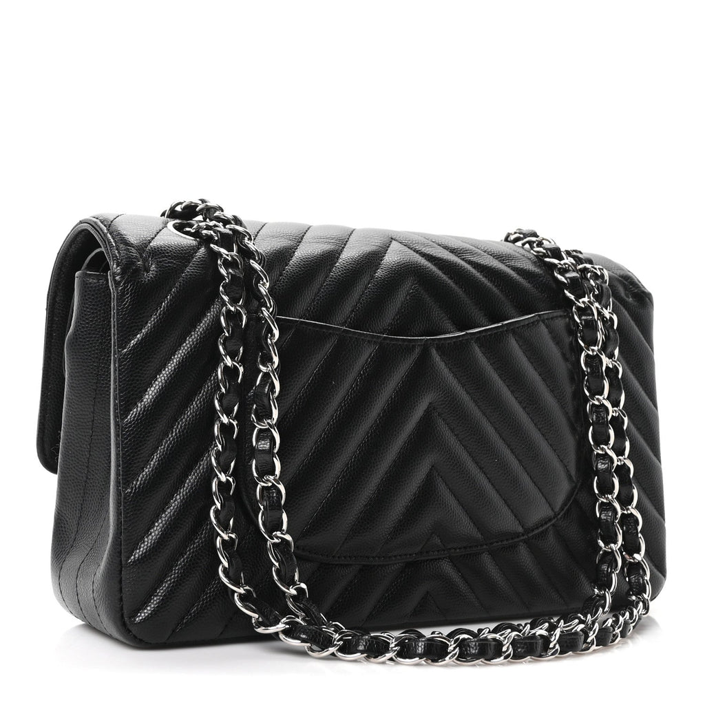 Caviar Chevron Quilted Medium Double Flap Black