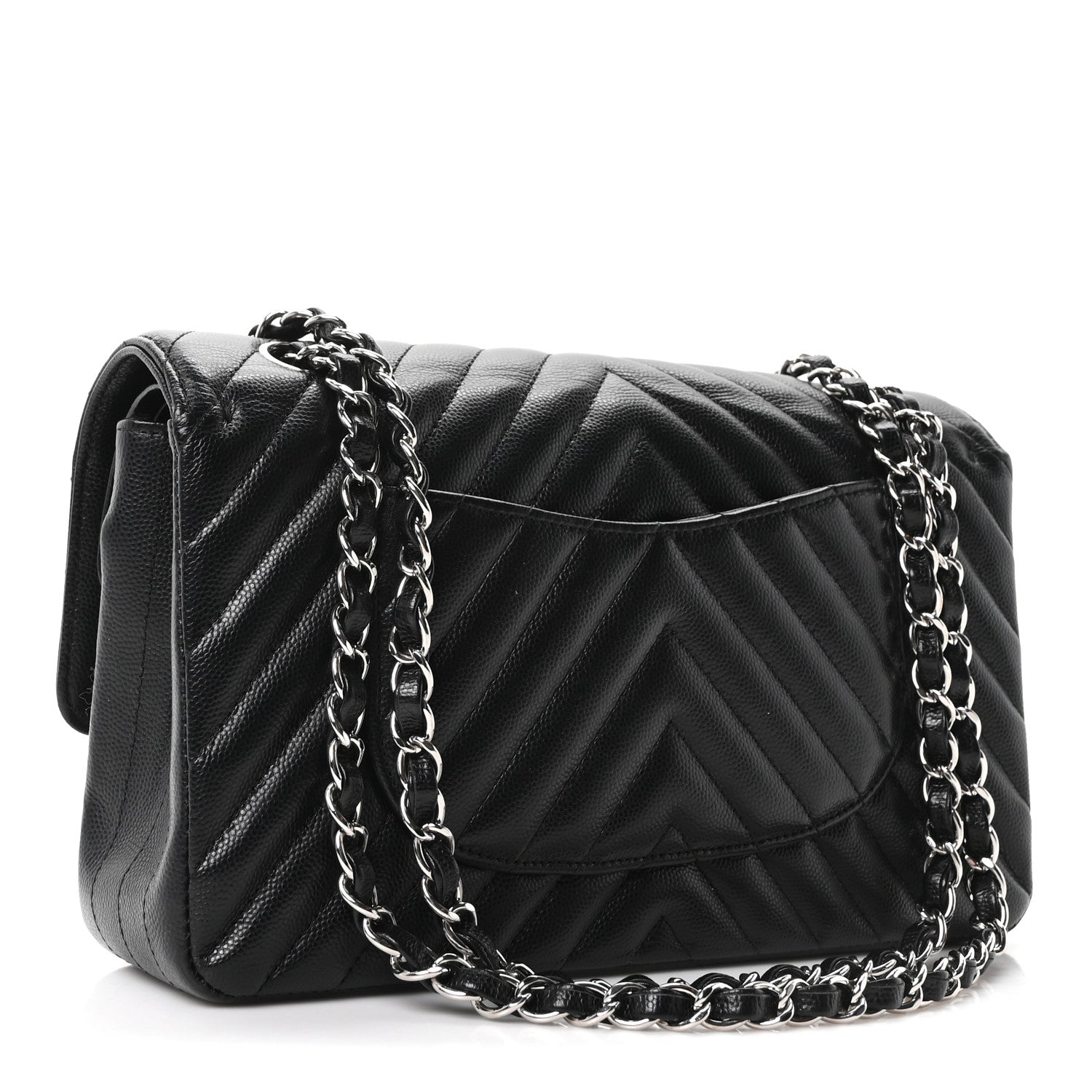 Caviar Chevron Quilted Medium Double Flap Black