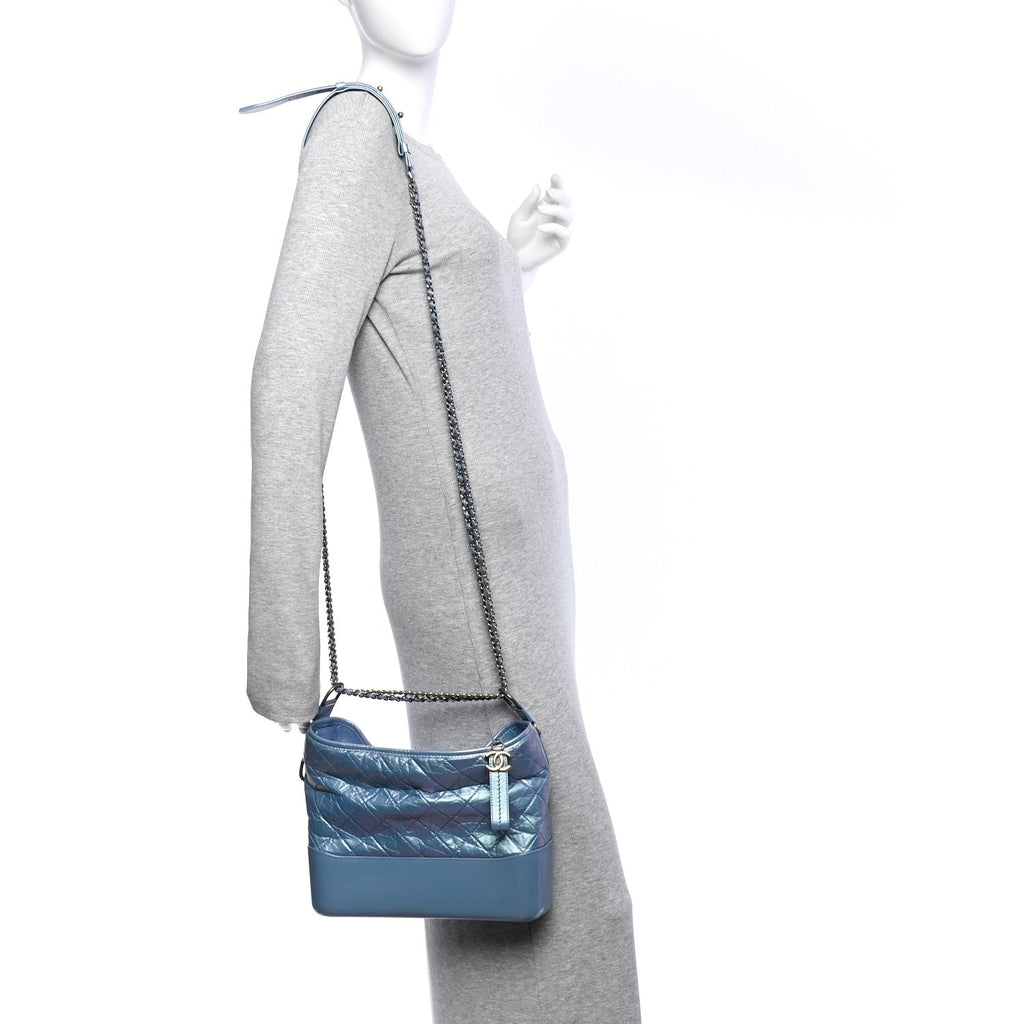 Iridescent Aged Calfskin Quilted Medium Gabrielle Hobo Blue