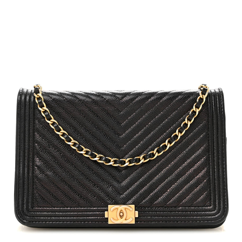 Caviar Chevron Quilted Boy Wallet On Chain WOC Black