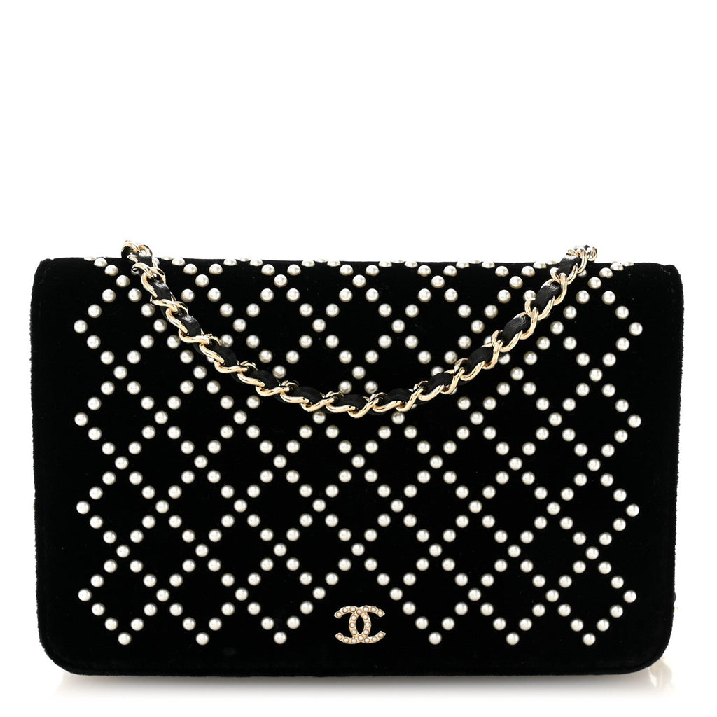 Velvet Pearl Diamond Embellished Wallet On Chain WOC Black