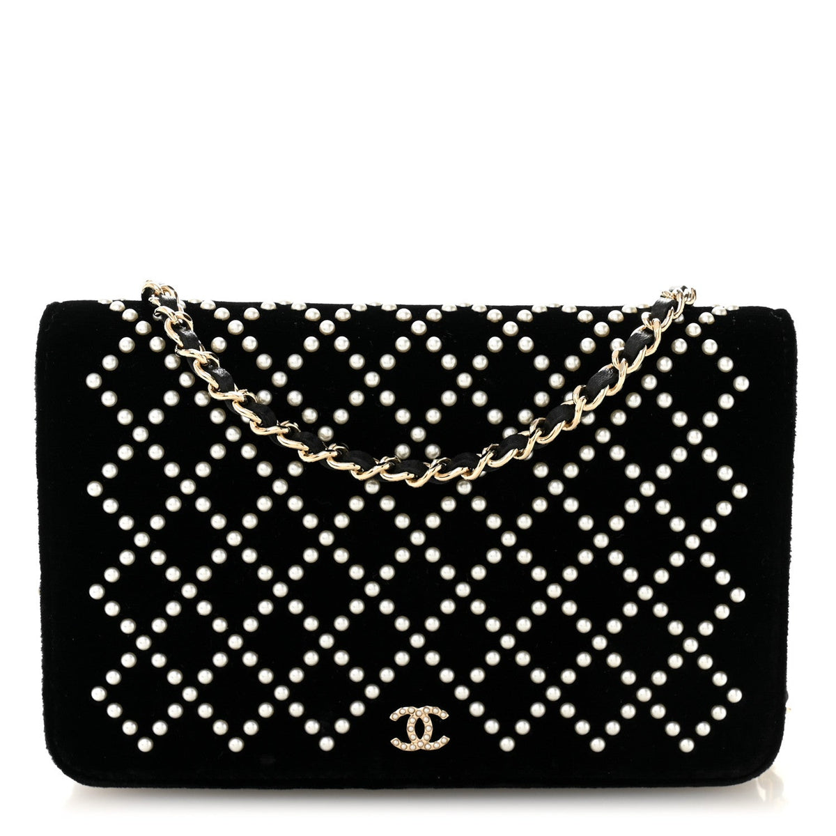 Velvet Pearl Diamond Embellished Wallet On Chain WOC Black