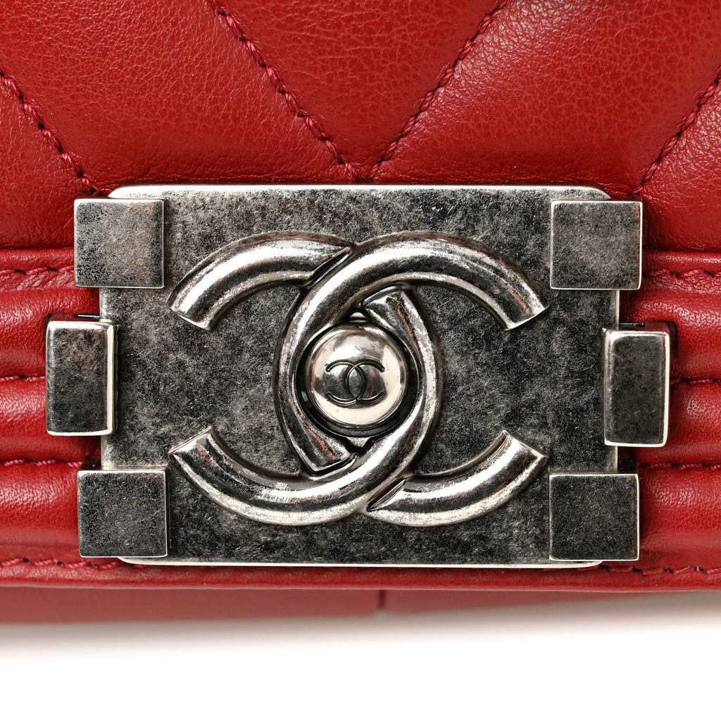 Calfskin Chevron Quilted Medium Boy Flap  Dark Red
