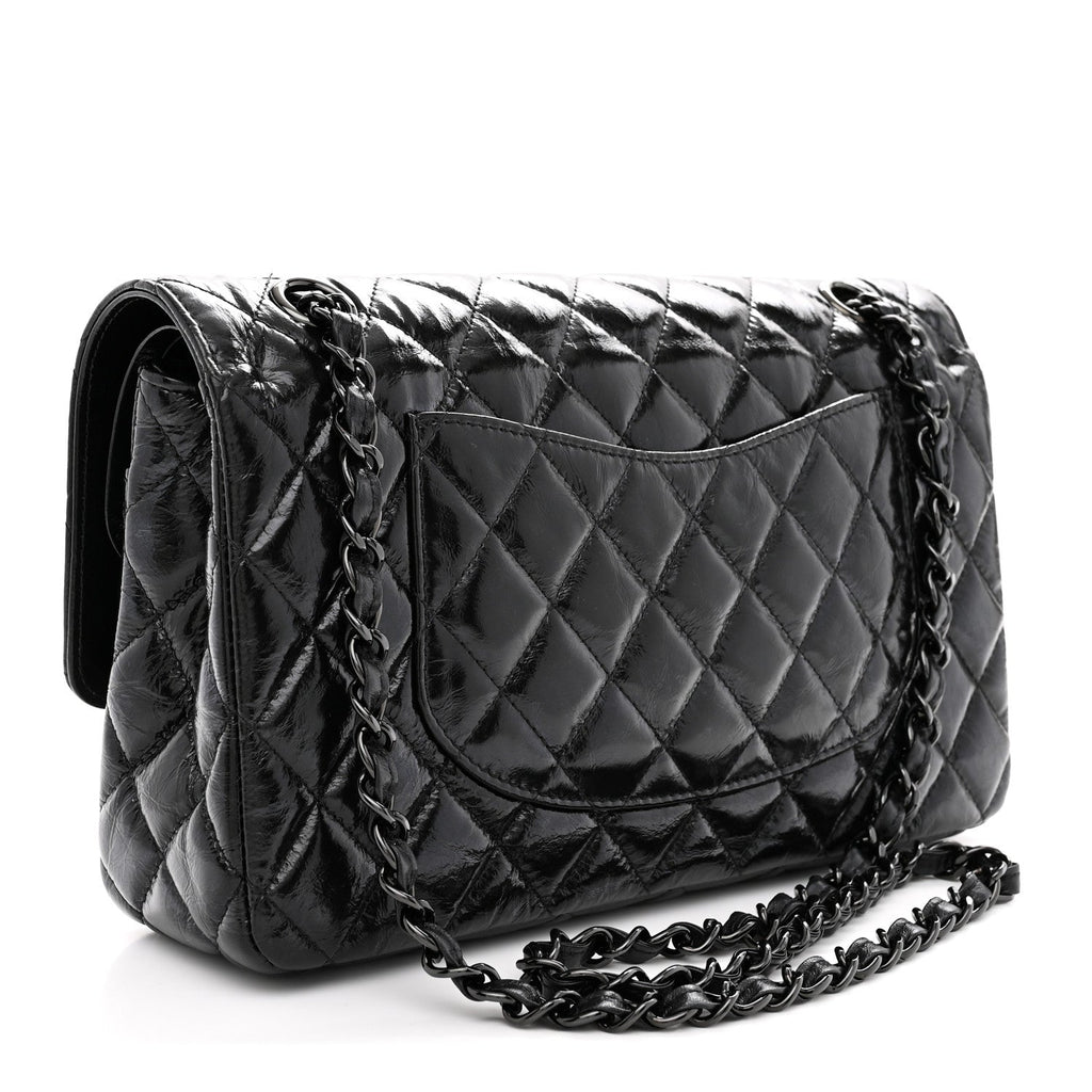 Shiny Crumpled Calfskin Quilted Medium Double Flap So Black