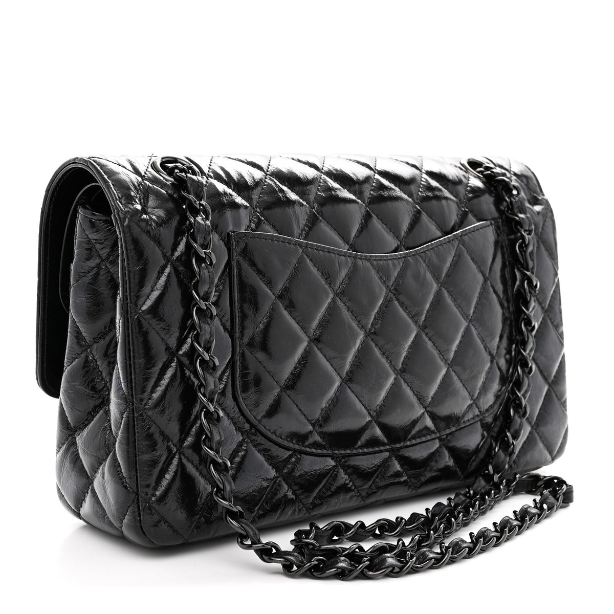 Shiny Crumpled Calfskin Quilted Medium Double Flap So Black