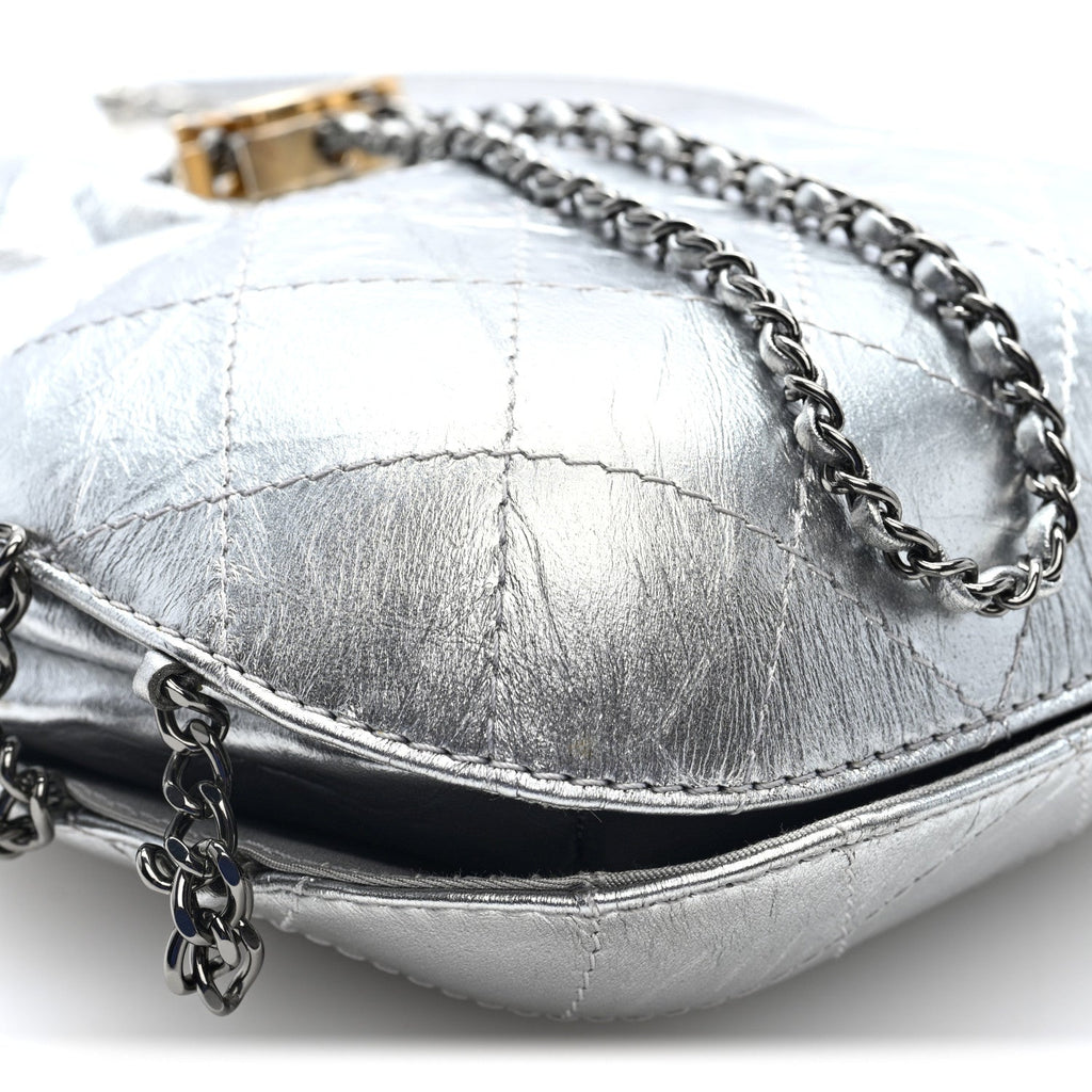 Metallic Aged Calfskin Quilted Small Gabrielle Bucket Silver