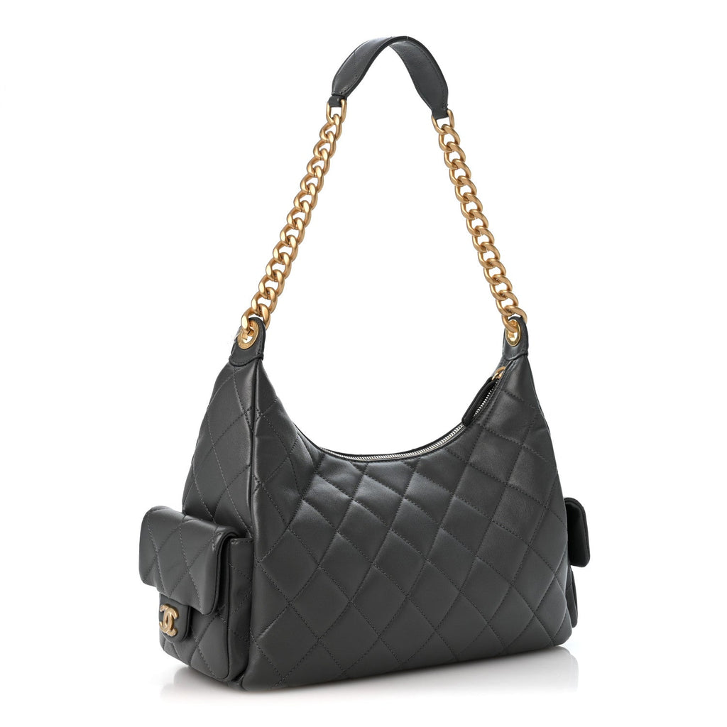 Shiny Lambskin Quilted Trendy Pockets Hobo Dark Grey