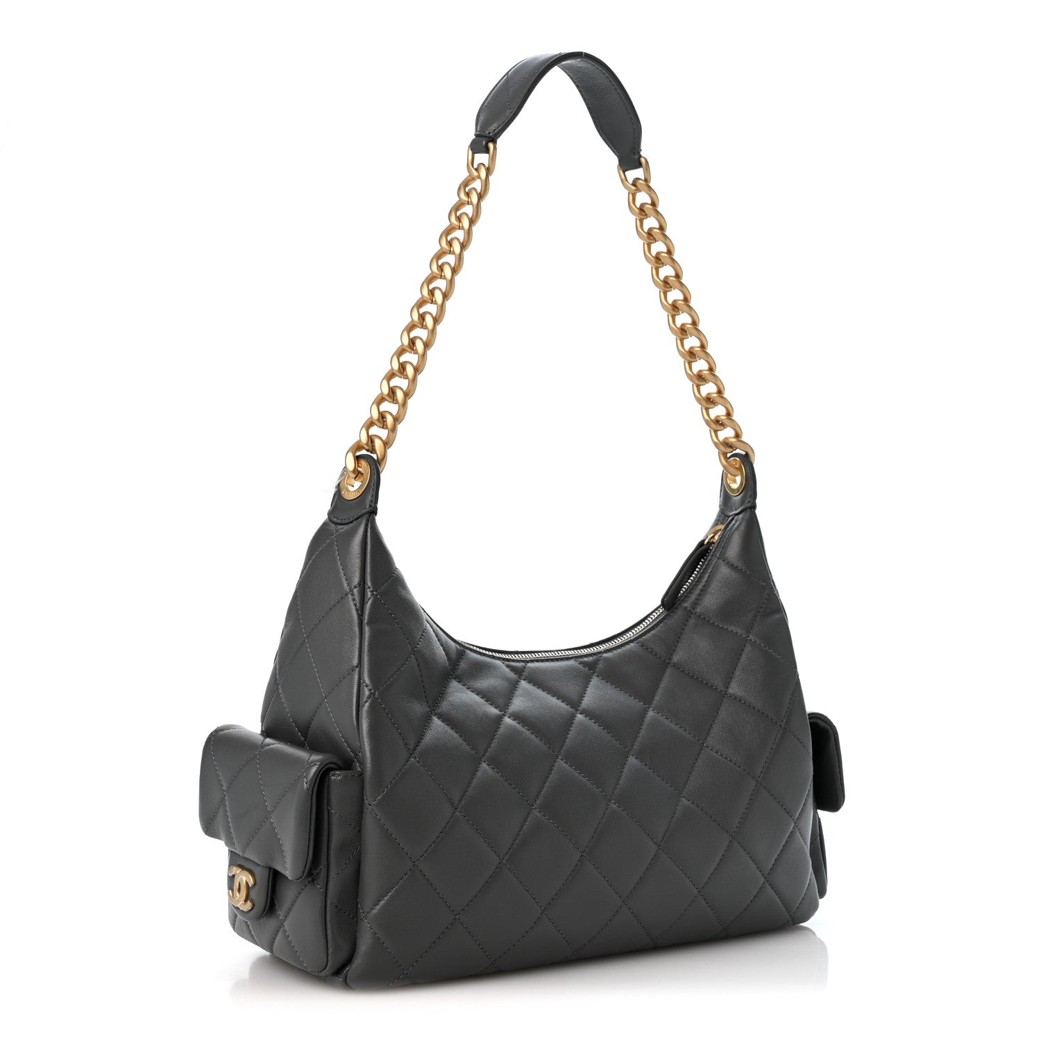 Shiny Lambskin Quilted Trendy Pockets Hobo Dark Grey