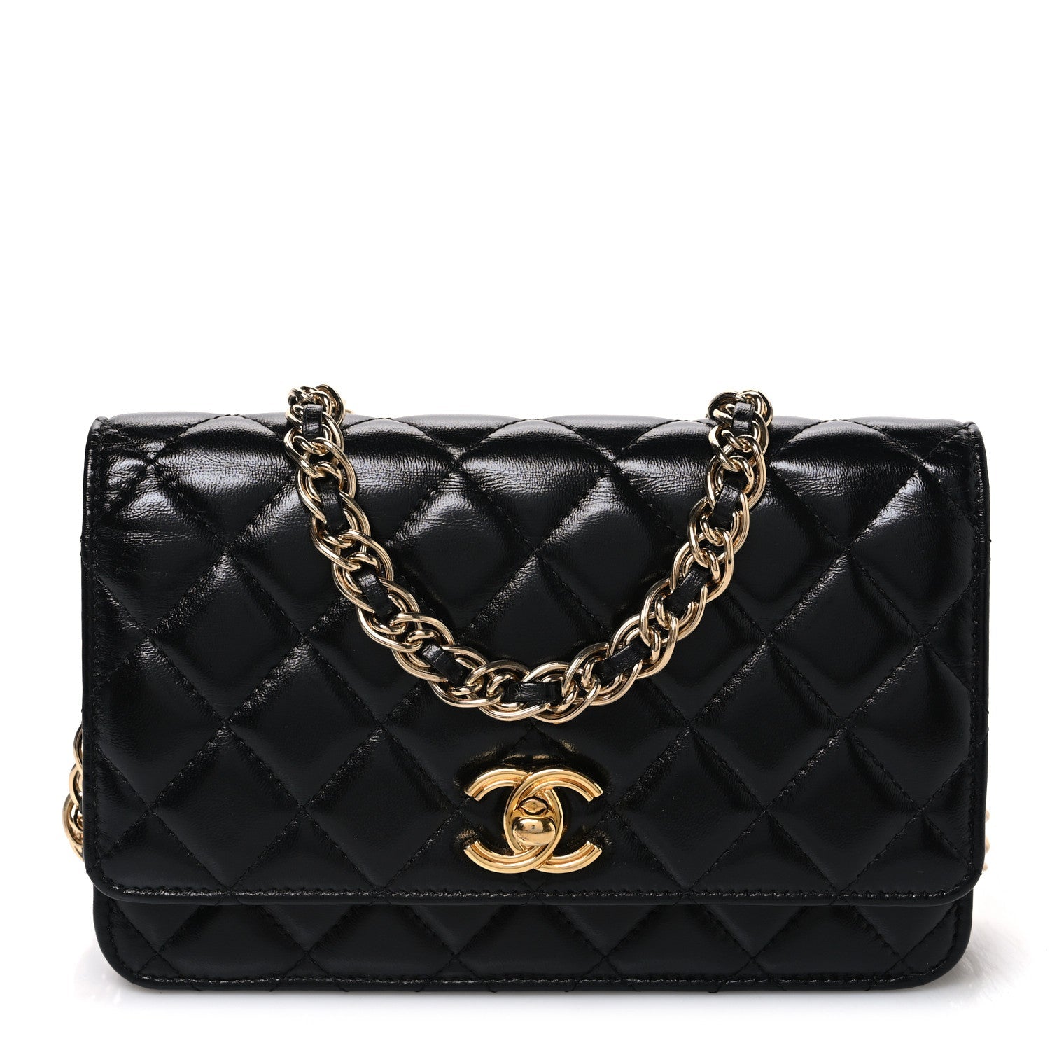 Shiny Lambskin Quilted Golden Links Wallet On Chain WOC Black