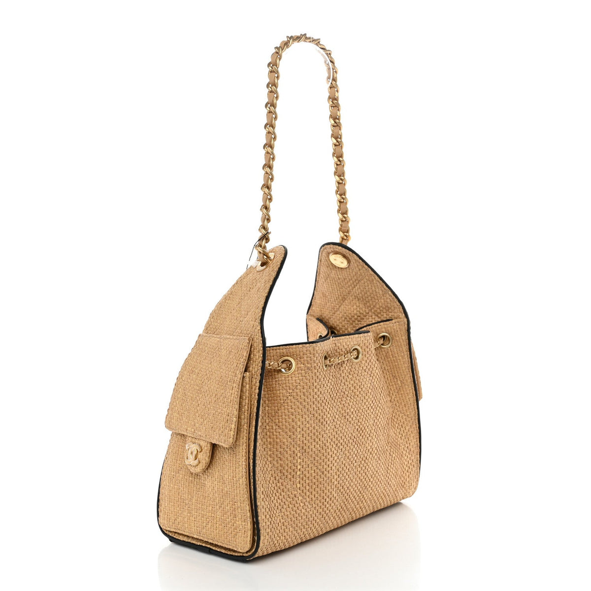 Braided Raffia Calfskin Small Chanel 25 Handbag Beige Black