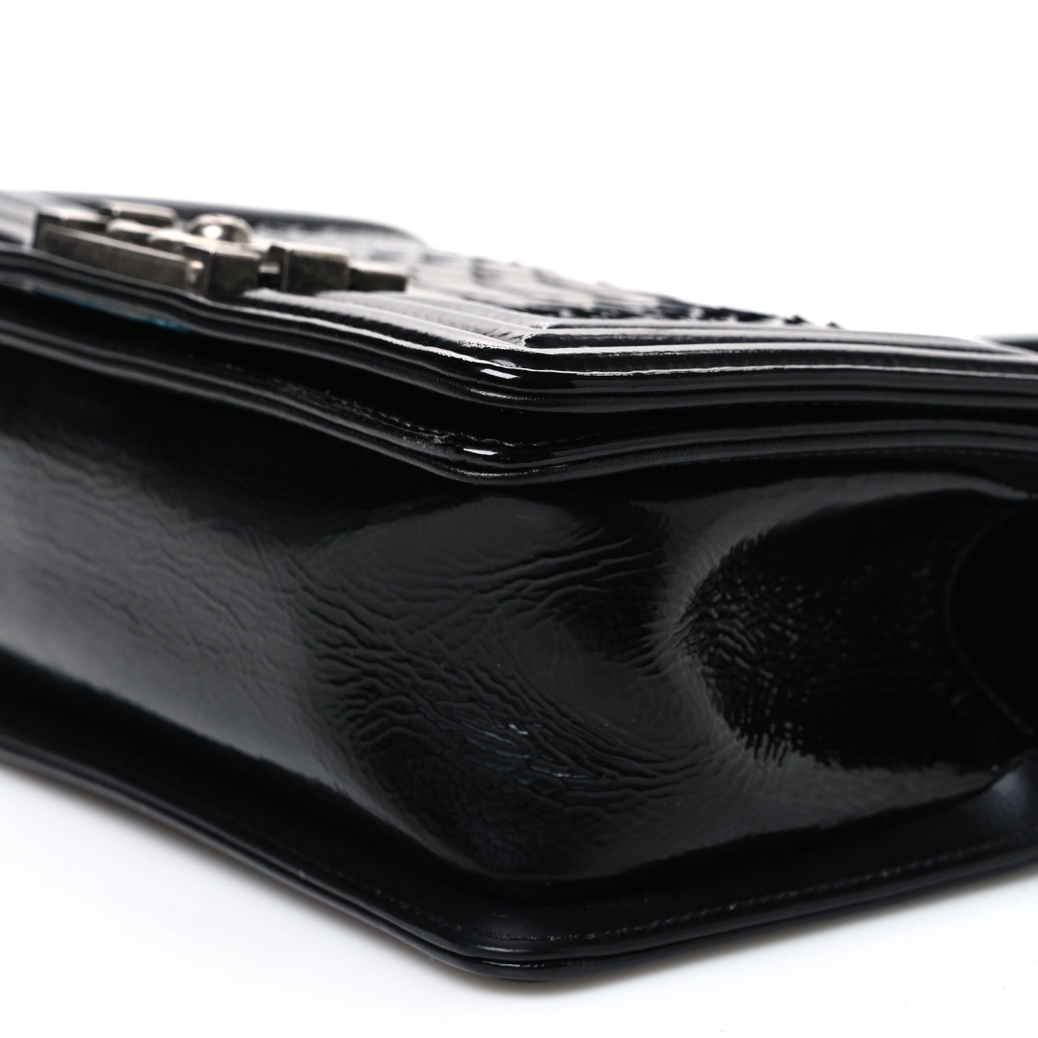 Patent Calfskin Snakeskin Small Boy Flap Black Silver