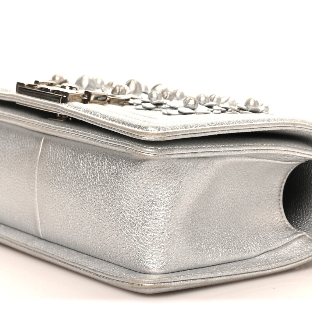 Metallic Calfskin Camellia Quilted Small Boy Flap Silver