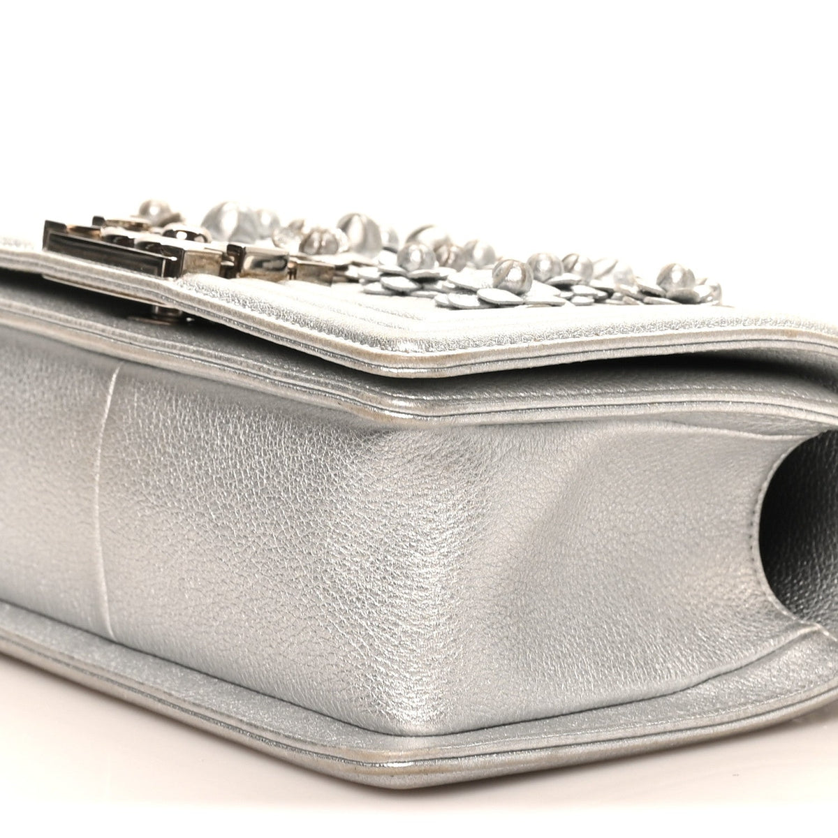 Metallic Calfskin Camellia Quilted Small Boy Flap Silver